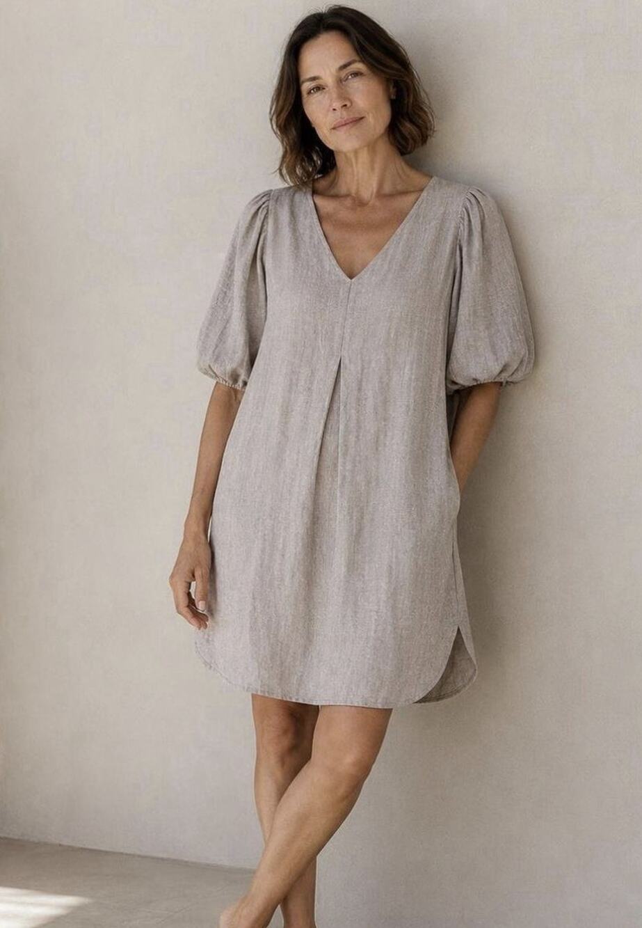 Cynthia Rowley Beige Linen Viscose Shift Dress XL V-Neck Puff Sleeve Short